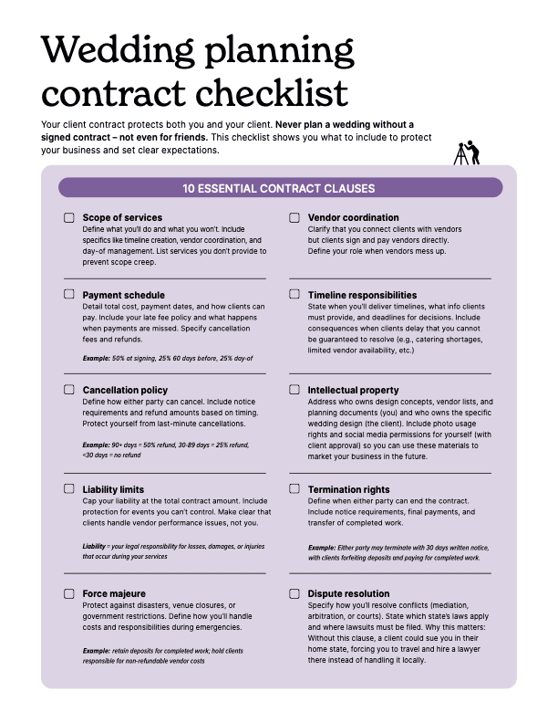 Durable Wedding planning contract checklist
