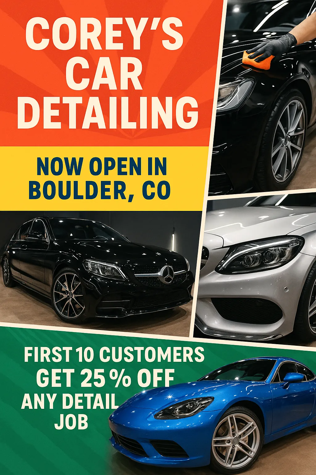 Marketing poster promoting the launch of "Corey's Car Detailing" business in Boulder, CO.