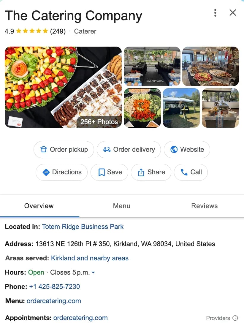 Google Business Profile example for catering company showing photos of the company's food, hours, location, and reviews — a crucial step in the how to start a catering company process