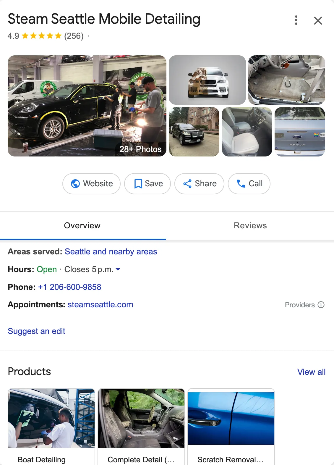 Google Business Profile for Steam Seattle Mobile Detailing, showing a 4.9-star rating, contact information including phone number and website, photos of car detailing services, and products like 'Boat Detailing' and 'Scratch Removal'.