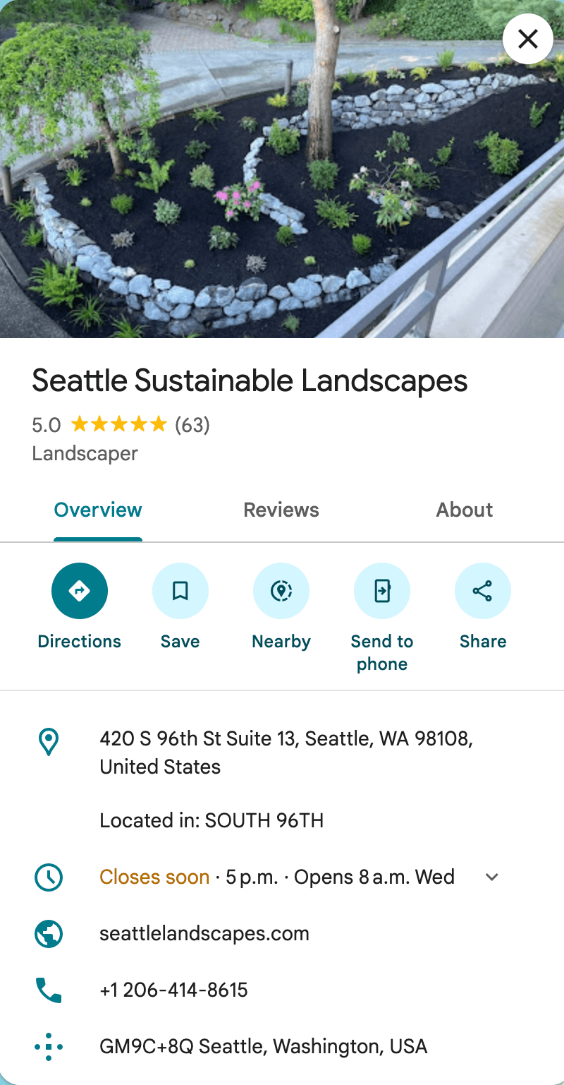 Complete Google Business Profile example for landscaping business showing 5-star reviews and professional service photos