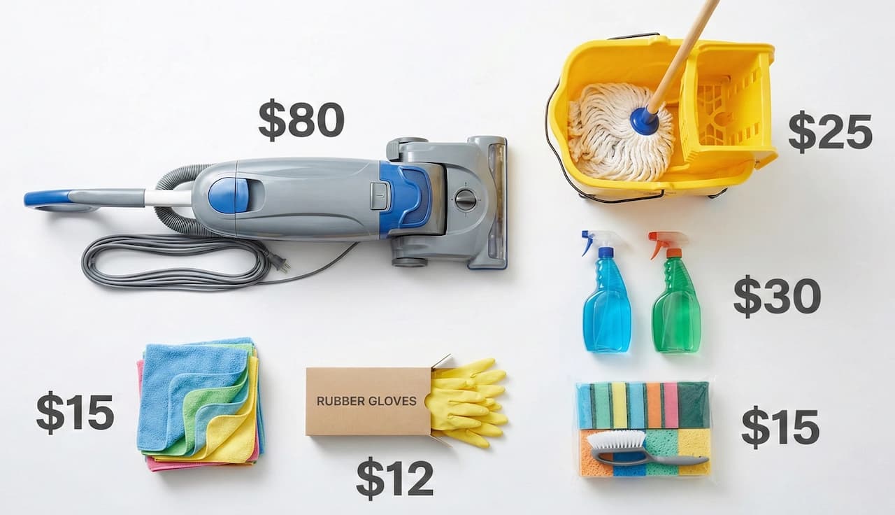 Flat-lay photo of a cleaning business starter kit arranged neatly. Labels show individual item costs: vacuum ($80), mop bucket ($25), spray bottles ($30), rubber gloves ($12), and microfiber cloths ($15), illustrating a total setup cost under $200.