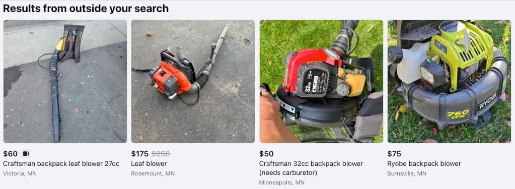 Marketplace listings showing used landscaping equipment for starting a landscaping business on a budget