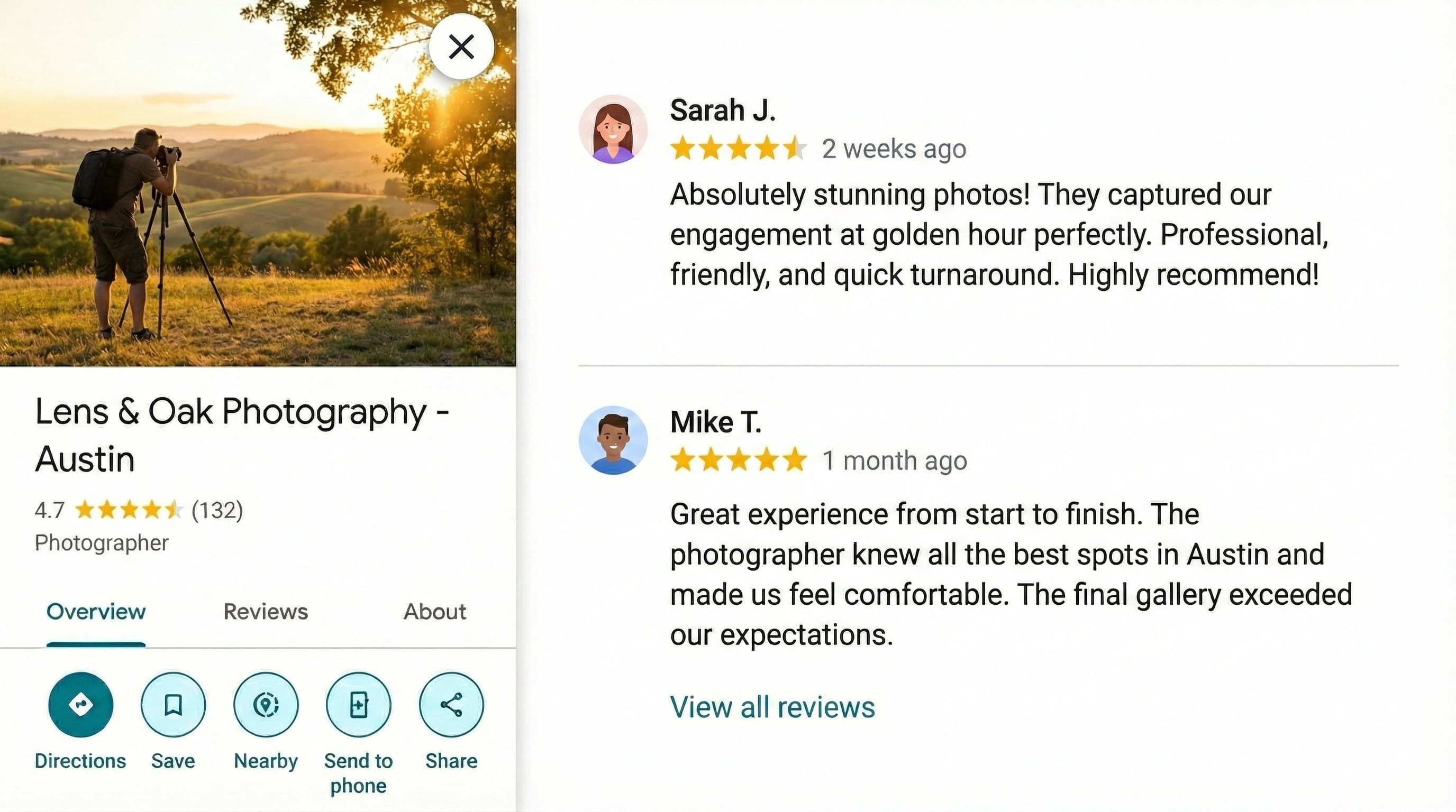 Google Business Profile mockup for a photography business based in Austin, TX with example five-star reviews