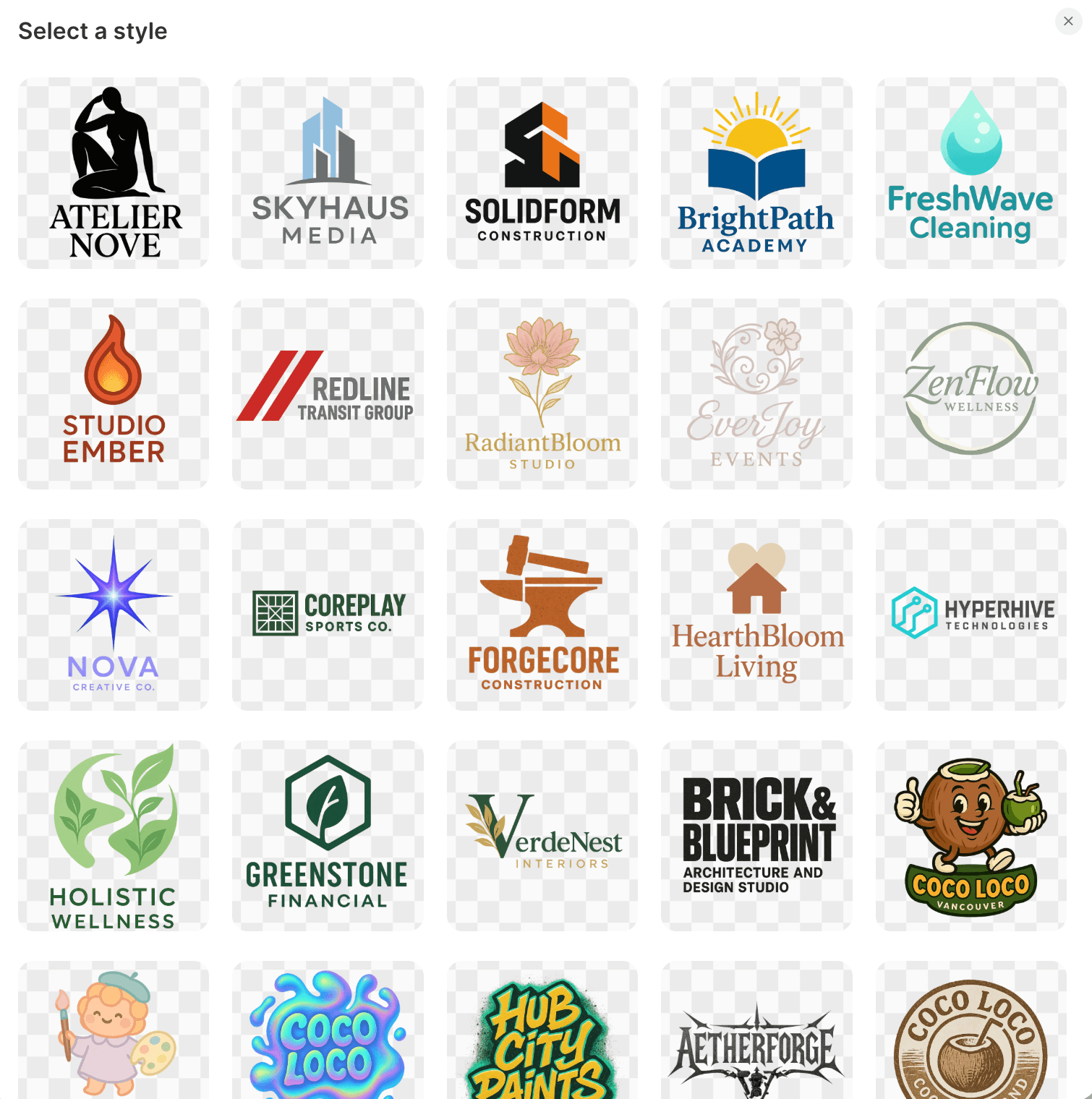 Studio logo style selection gallery displaying modern, classic, bold, and minimal design options